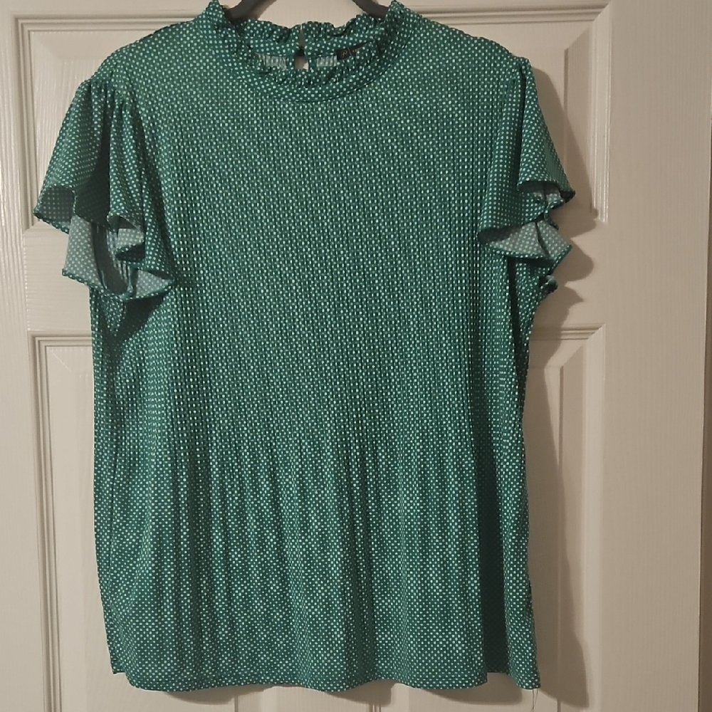 Adrianna Papell Green Polka Dot Blouse with Ruffle Sleeves